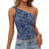 ZESICA Women’s Summer One Shoulder Going Out Tops 2026 Trendy Sleeveless Fitted Fashion Floral Y2K Shirts(Dustyblue)