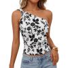 ZESICA Women’s Summer One Shoulder Going Out Tops 2026 Trendy Sleeveless Fitted Fashion Floral Y2K Shirts(White)
