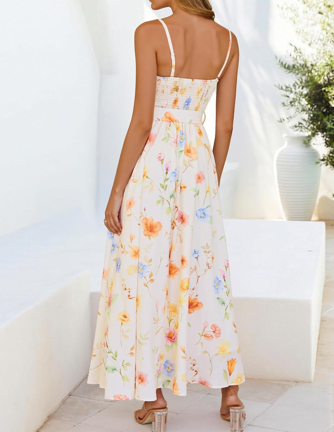 imageZESICA Womens Summer Floral Maxi Dresses 2026 Sleeveless Spaghetti Straps A Line Flowy Wedding Guest Sundress with BeltApricot