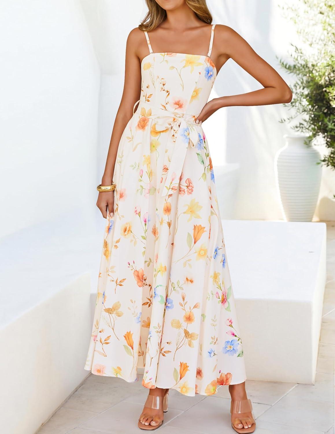imageZESICA Womens Summer Floral Maxi Dresses 2026 Sleeveless Spaghetti Straps A Line Flowy Wedding Guest Sundress with BeltApricot