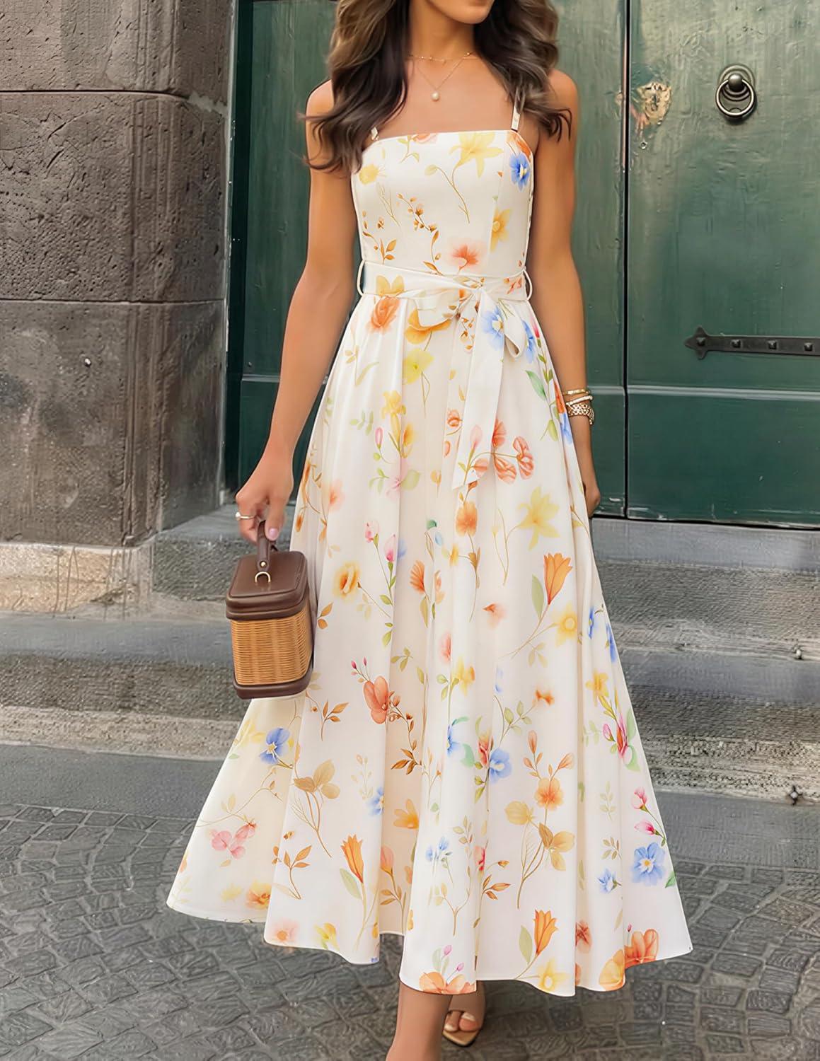 imageZESICA Womens Summer Floral Maxi Dresses 2026 Sleeveless Spaghetti Straps A Line Flowy Wedding Guest Sundress with BeltApricot