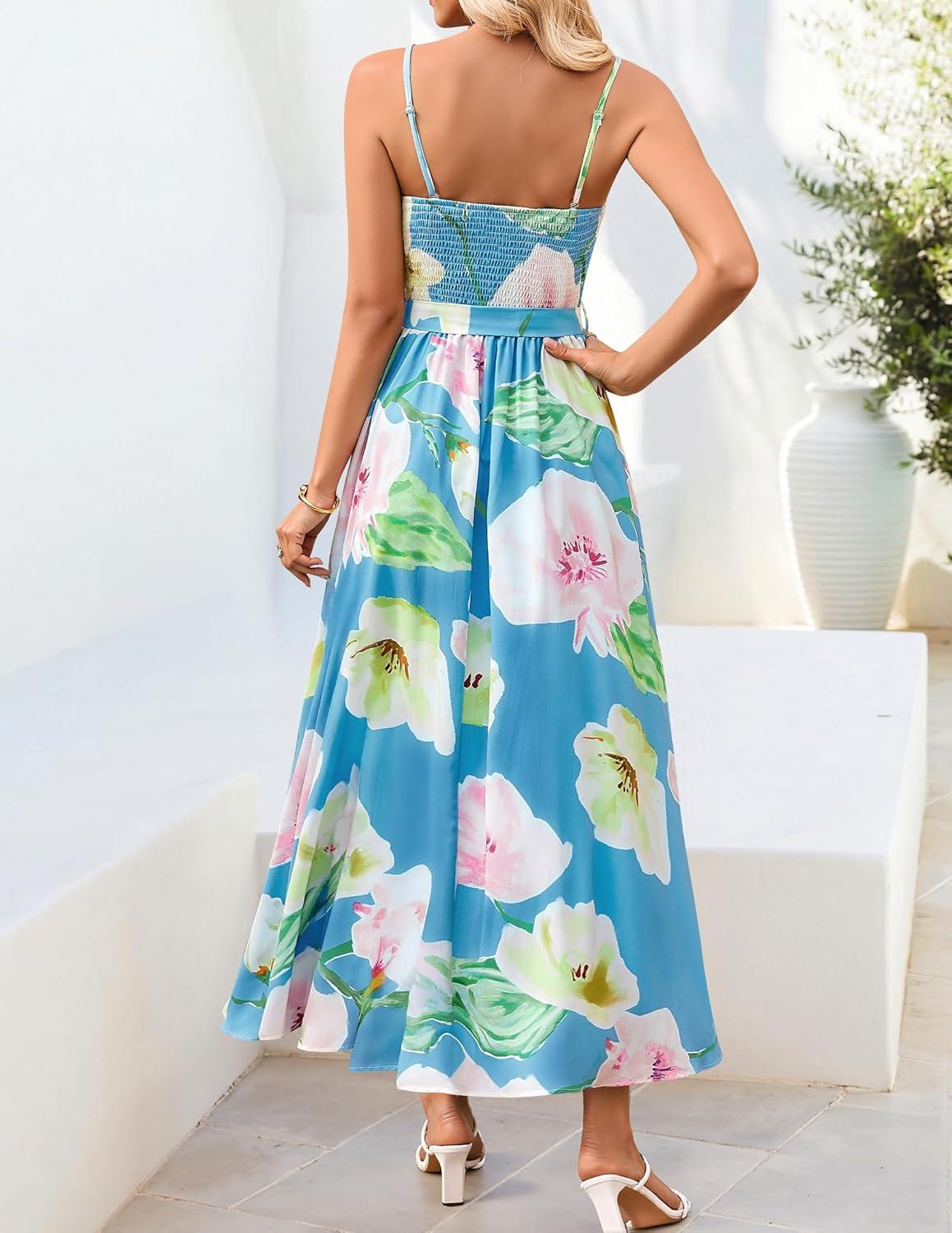 imageZESICA Womens Summer Floral Maxi Dresses 2026 Sleeveless Spaghetti Straps A Line Flowy Wedding Guest Sundress with BeltAqua