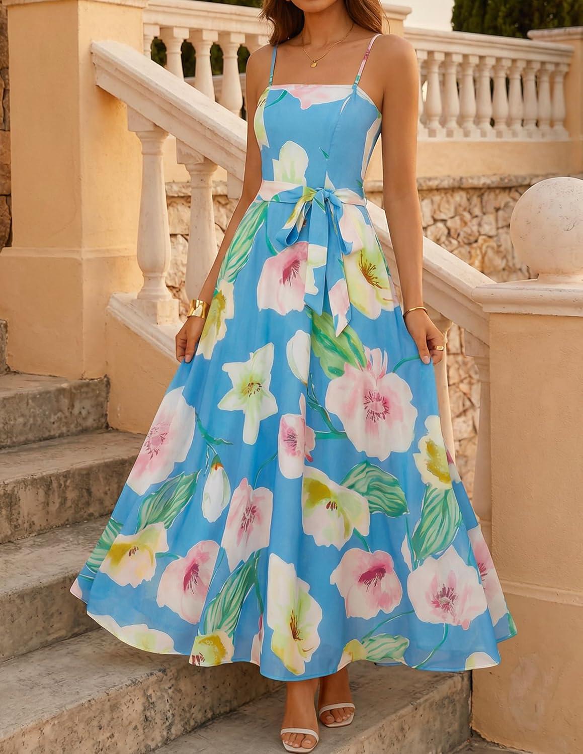 imageZESICA Womens Summer Floral Maxi Dresses 2026 Sleeveless Spaghetti Straps A Line Flowy Wedding Guest Sundress with BeltAqua