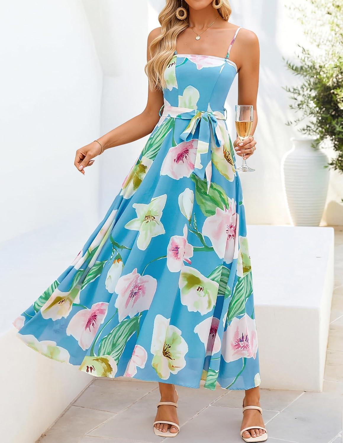 imageZESICA Womens Summer Floral Maxi Dresses 2026 Sleeveless Spaghetti Straps A Line Flowy Wedding Guest Sundress with BeltAqua