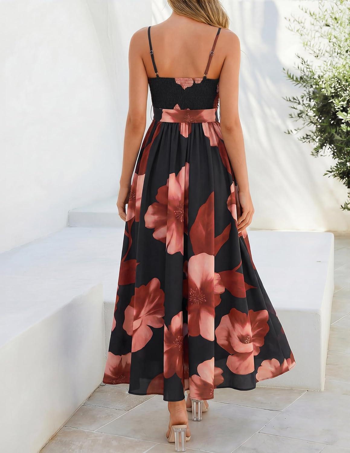 imageZESICA Womens Summer Floral Maxi Dresses 2026 Sleeveless Spaghetti Straps A Line Flowy Wedding Guest Sundress with BeltBlack