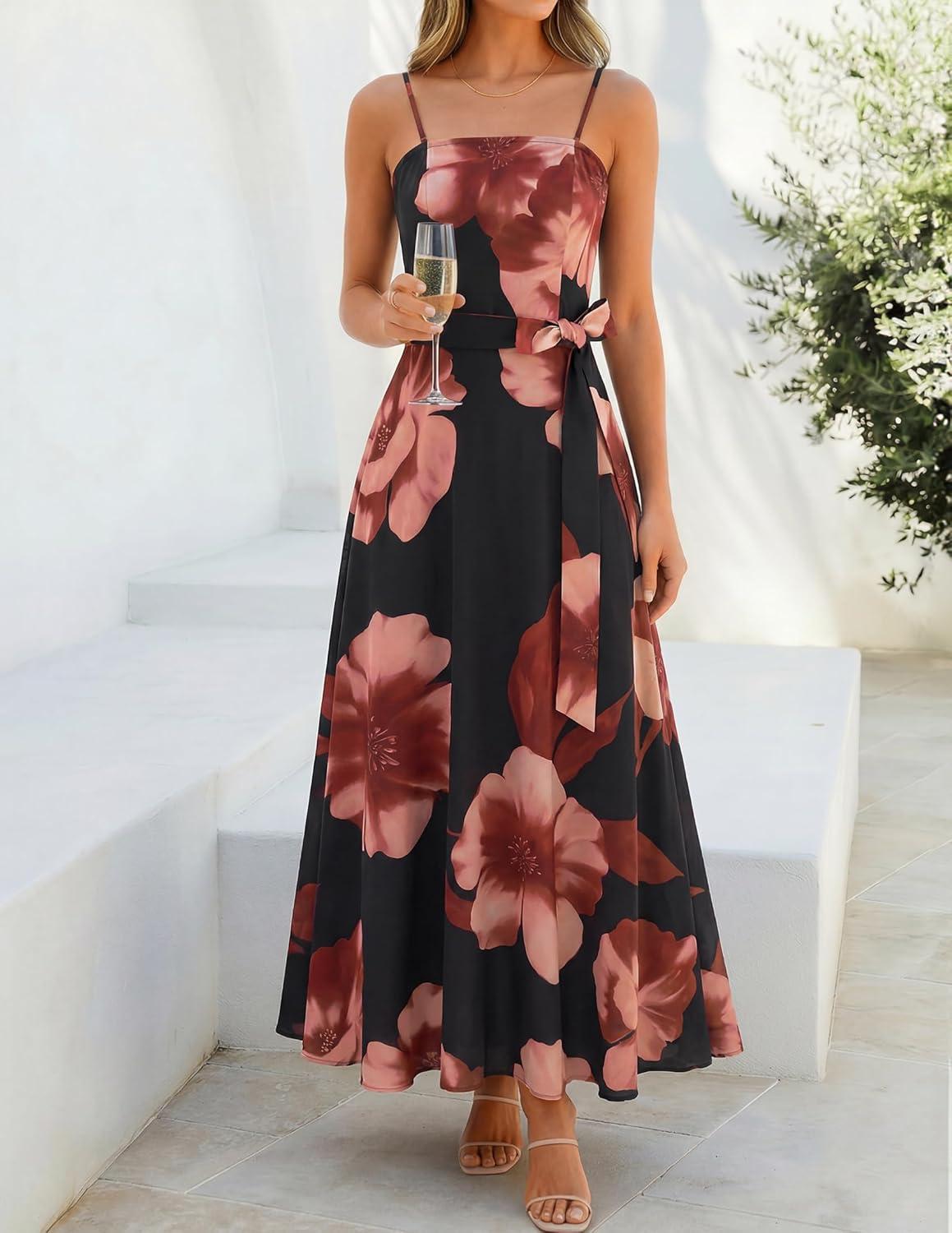 imageZESICA Womens Summer Floral Maxi Dresses 2026 Sleeveless Spaghetti Straps A Line Flowy Wedding Guest Sundress with BeltBlack