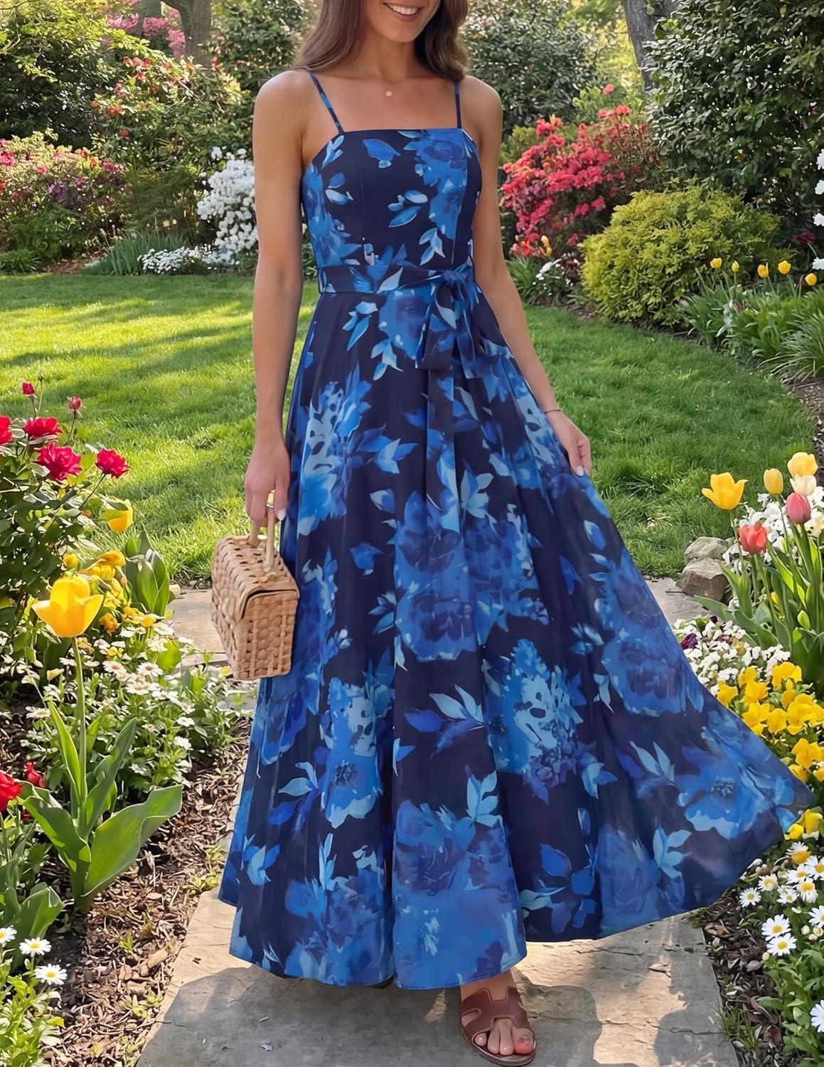imageZESICA Womens Summer Floral Maxi Dresses 2026 Sleeveless Spaghetti Straps A Line Flowy Wedding Guest Sundress with BeltBlue