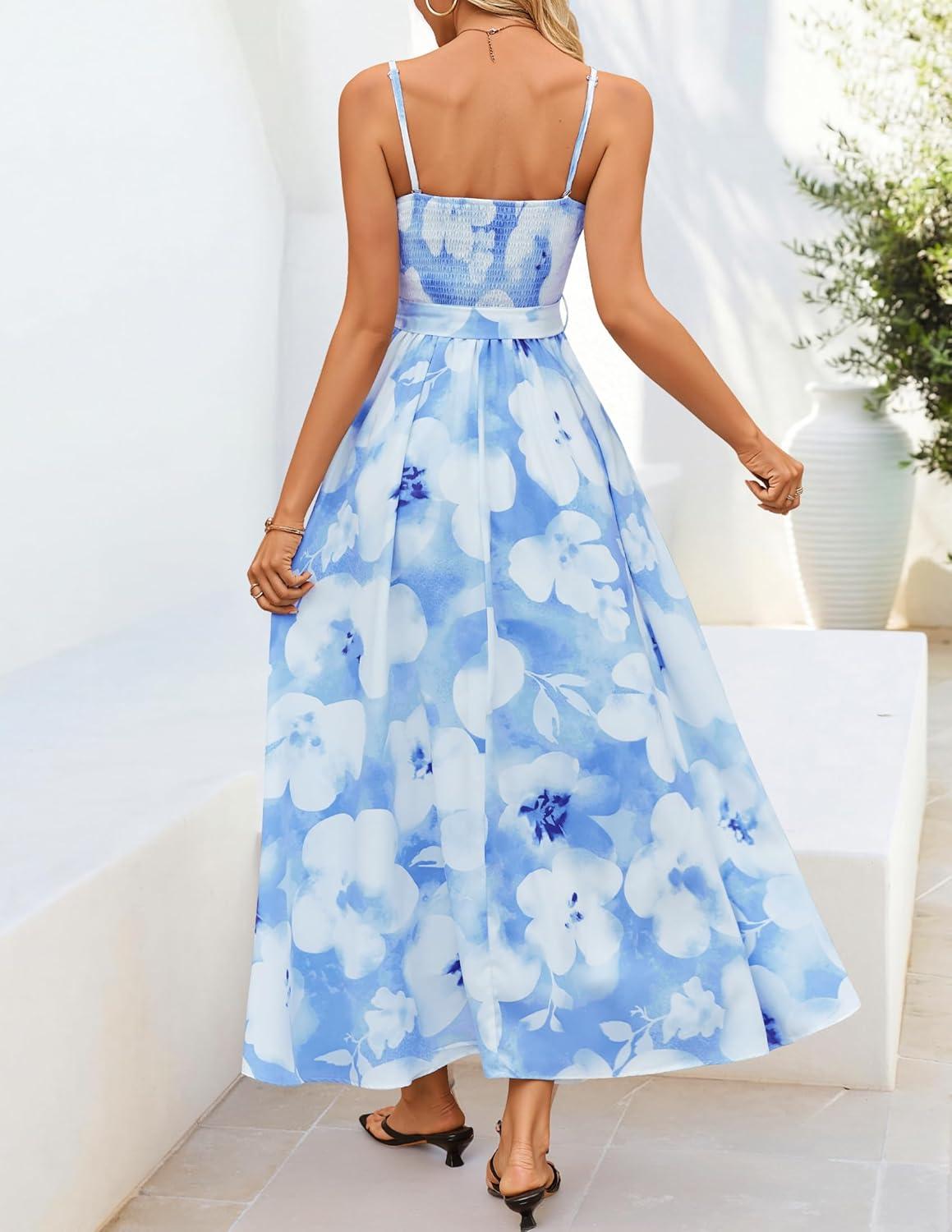 imageZESICA Womens Summer Floral Maxi Dresses 2026 Sleeveless Spaghetti Straps A Line Flowy Wedding Guest Sundress with BeltLight Blue