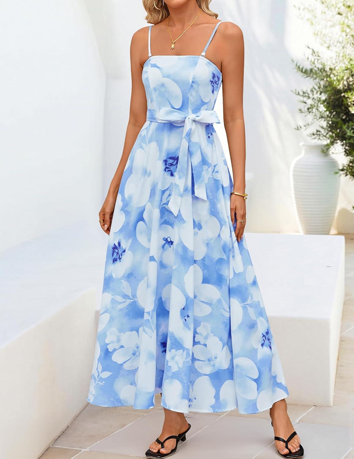 imageZESICA Womens Summer Floral Maxi Dresses 2026 Sleeveless Spaghetti Straps A Line Flowy Wedding Guest Sundress with BeltLight Blue