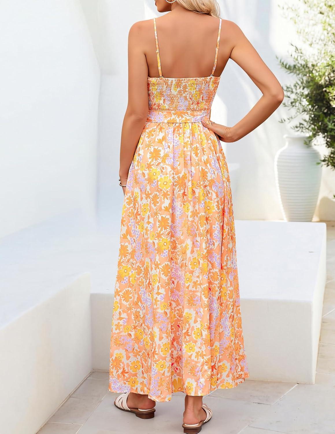 imageZESICA Womens Summer Floral Maxi Dresses 2026 Sleeveless Spaghetti Straps A Line Flowy Wedding Guest Sundress with BeltOrange