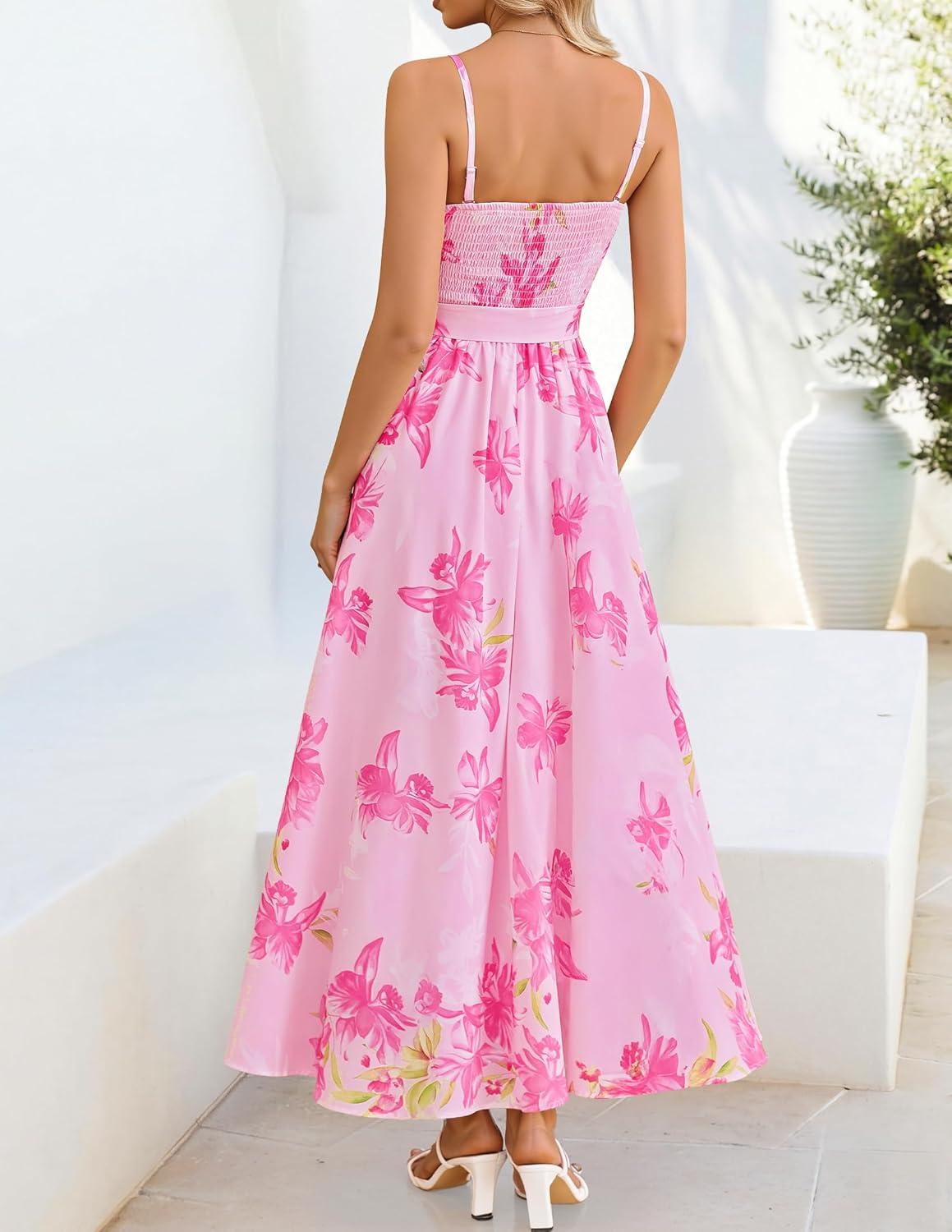 imageZESICA Womens Summer Floral Maxi Dresses 2026 Sleeveless Spaghetti Straps A Line Flowy Wedding Guest Sundress with BeltPink