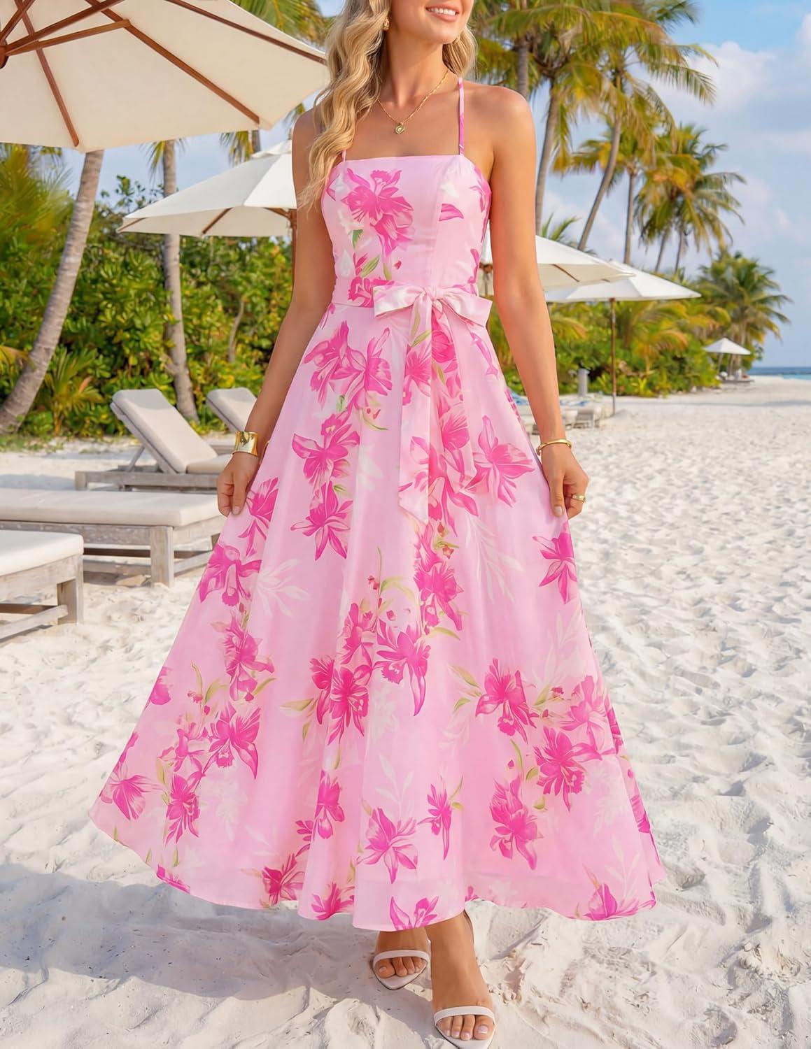 imageZESICA Womens Summer Floral Maxi Dresses 2026 Sleeveless Spaghetti Straps A Line Flowy Wedding Guest Sundress with BeltPink