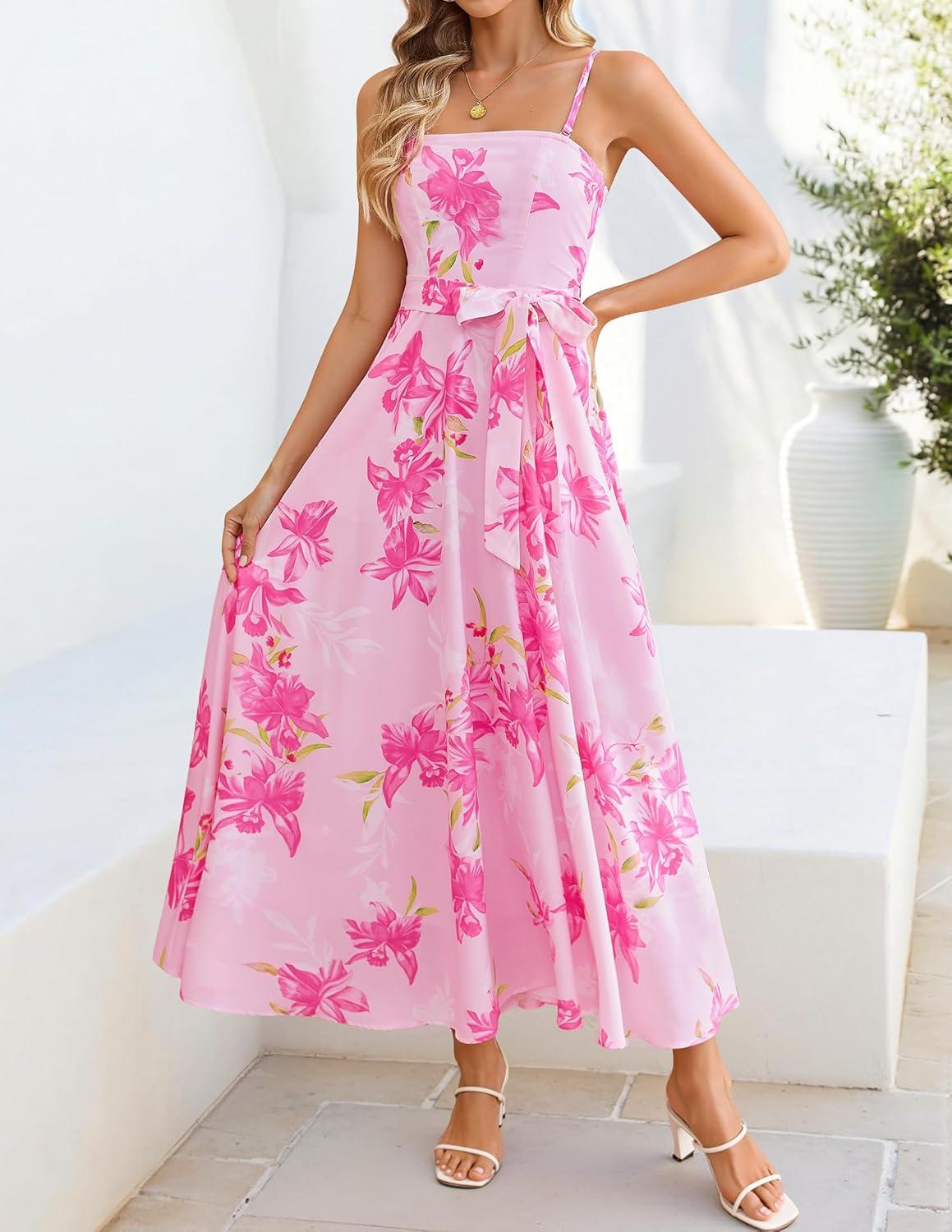 imageZESICA Womens Summer Floral Maxi Dresses 2026 Sleeveless Spaghetti Straps A Line Flowy Wedding Guest Sundress with BeltPink