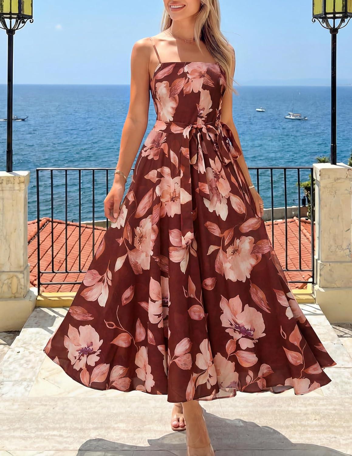 imageZESICA Womens Summer Floral Maxi Dresses 2026 Sleeveless Spaghetti Straps A Line Flowy Wedding Guest Sundress with BeltRust