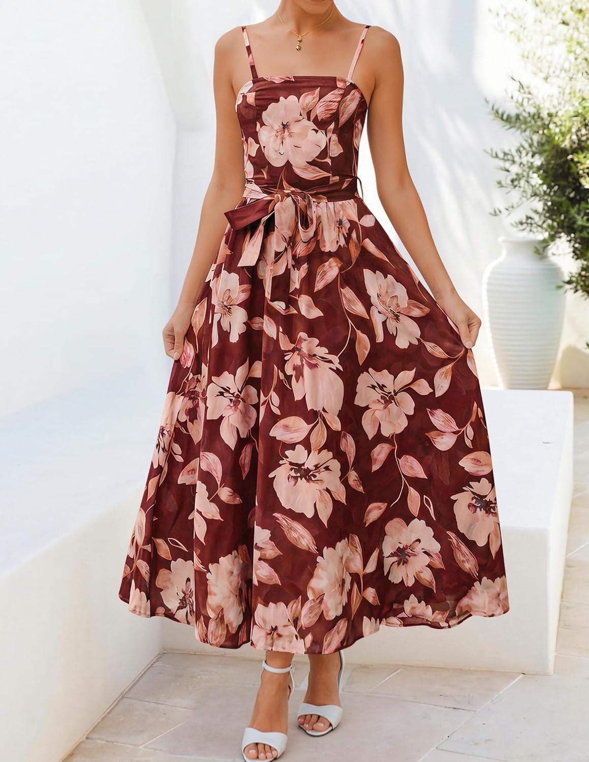 imageZESICA Womens Summer Floral Maxi Dresses 2026 Sleeveless Spaghetti Straps A Line Flowy Wedding Guest Sundress with BeltRust