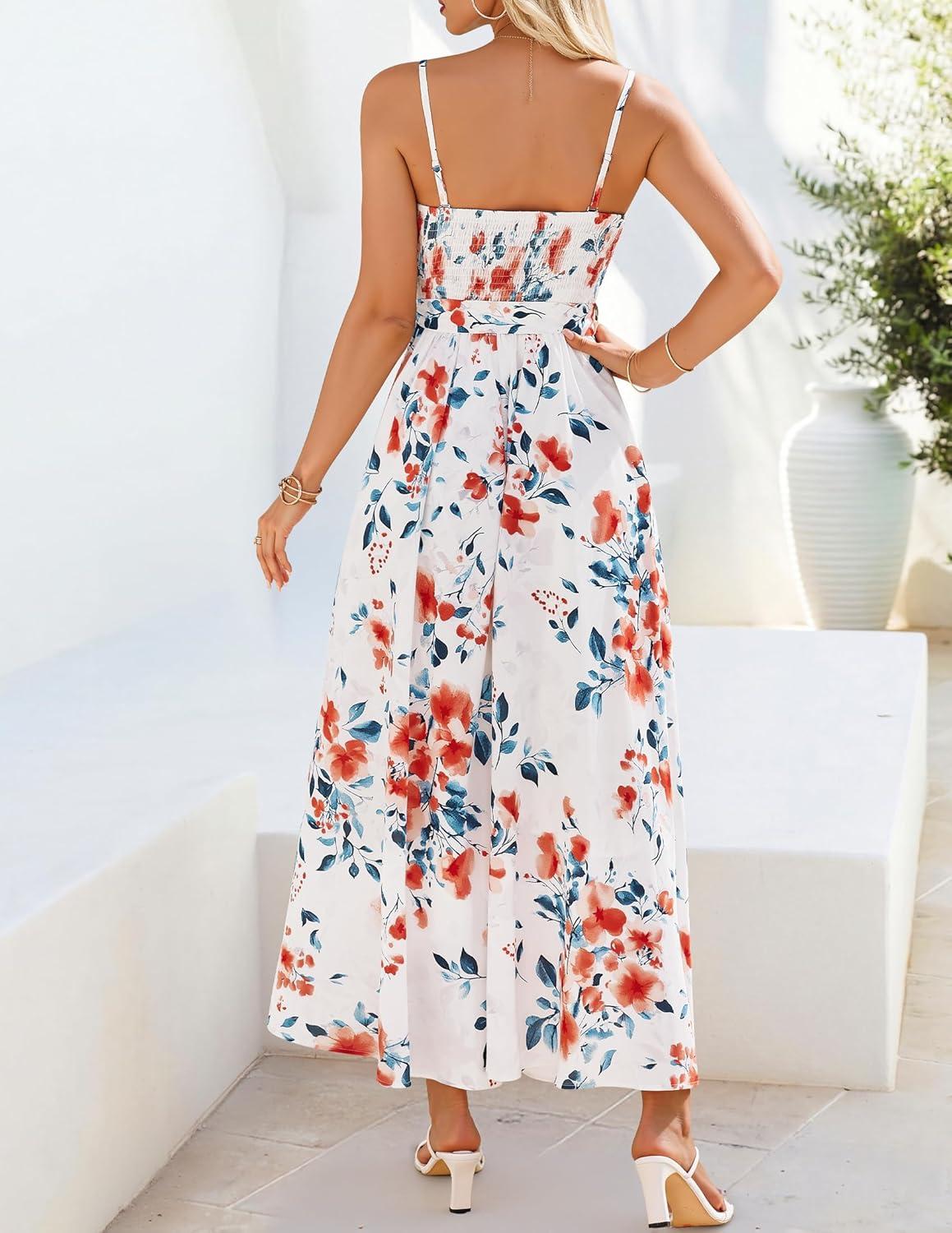 imageZESICA Womens Summer Floral Maxi Dresses 2026 Sleeveless Spaghetti Straps A Line Flowy Wedding Guest Sundress with BeltWhite