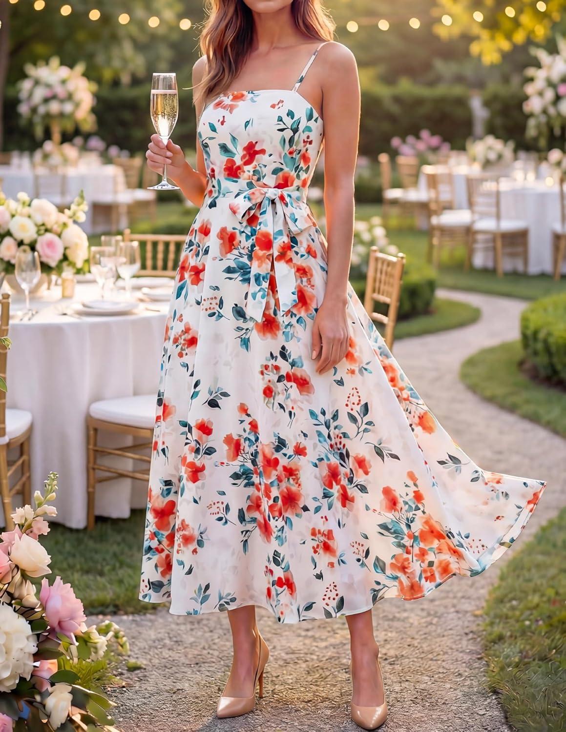 imageZESICA Womens Summer Floral Maxi Dresses 2026 Sleeveless Spaghetti Straps A Line Flowy Wedding Guest Sundress with BeltWhite