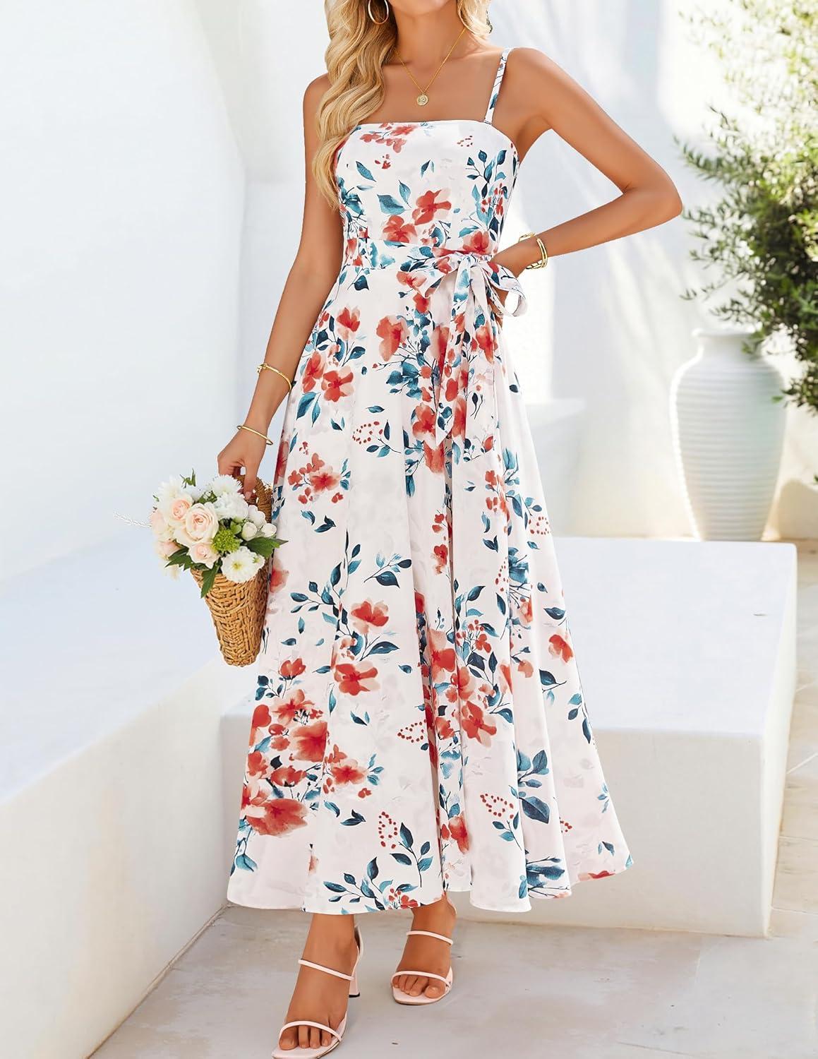 imageZESICA Womens Summer Floral Maxi Dresses 2026 Sleeveless Spaghetti Straps A Line Flowy Wedding Guest Sundress with BeltWhite