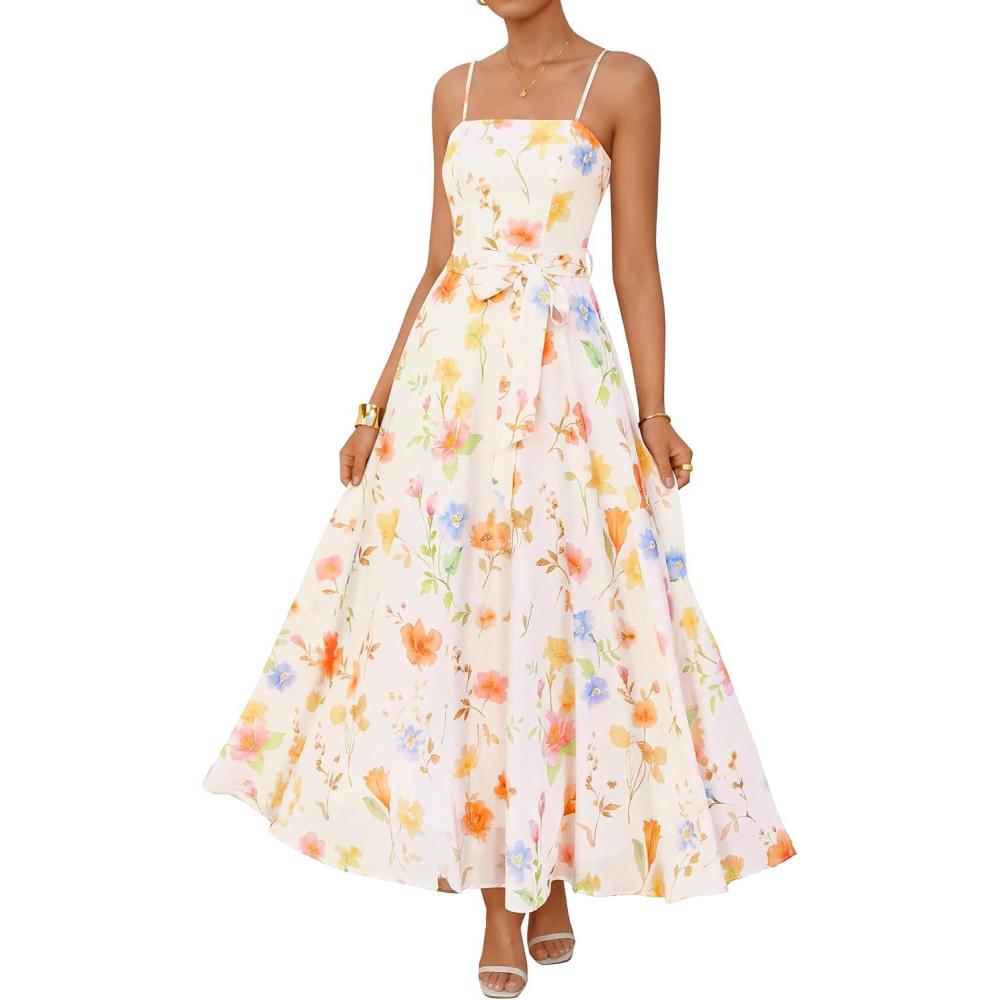 imageZESICA Womens Summer Floral Maxi Dresses 2026 Sleeveless Spaghetti Straps A Line Flowy Wedding Guest Sundress with BeltApricot