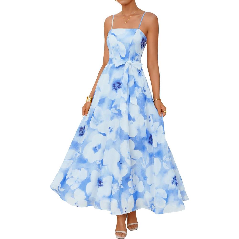imageZESICA Womens Summer Floral Maxi Dresses 2026 Sleeveless Spaghetti Straps A Line Flowy Wedding Guest Sundress with BeltLight Blue