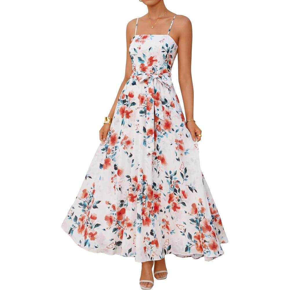 imageZESICA Womens Summer Floral Maxi Dresses 2026 Sleeveless Spaghetti Straps A Line Flowy Wedding Guest Sundress with BeltWhite
