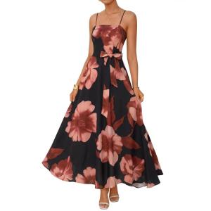ZESICA Women’s Summer Floral Maxi Dresses 2026 Sleeveless Spaghetti Straps A Line Flowy Wedding Guest Sundress with Belt(Black)