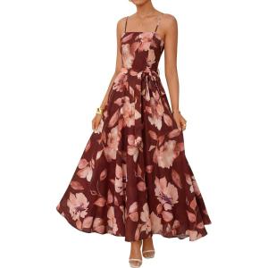 ZESICA Women’s Summer Floral Maxi Dresses 2026 Sleeveless Spaghetti Straps A Line Flowy Wedding Guest Sundress with Belt(Rust)
