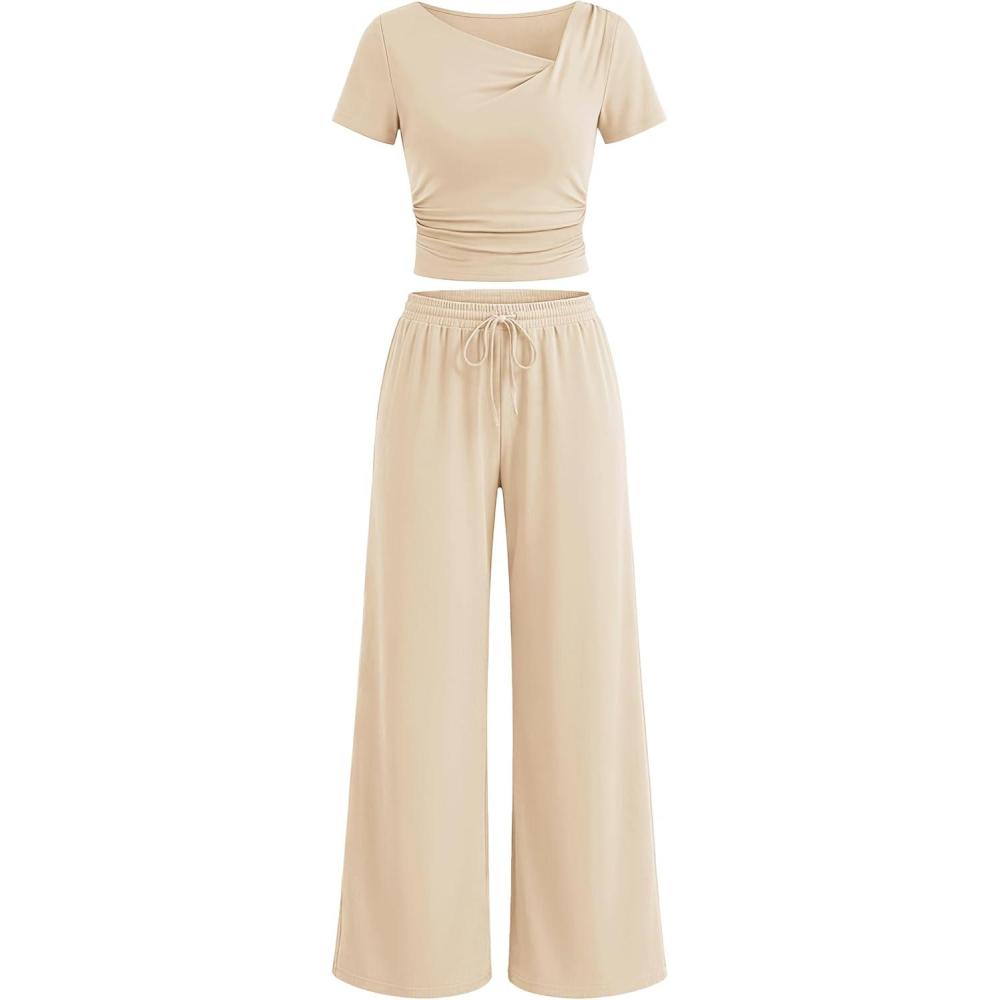 imageZESICA 2 Piece Lounge Sets for Women 2026 Casual Summer Short Sleeve Ruched Top Wide Leg Pants Matching Travel OutfitsApricot