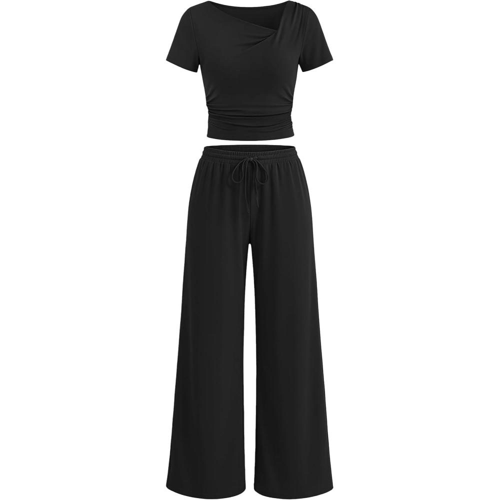 imageZESICA 2 Piece Lounge Sets for Women 2026 Casual Summer Short Sleeve Ruched Top Wide Leg Pants Matching Travel OutfitsBlack
