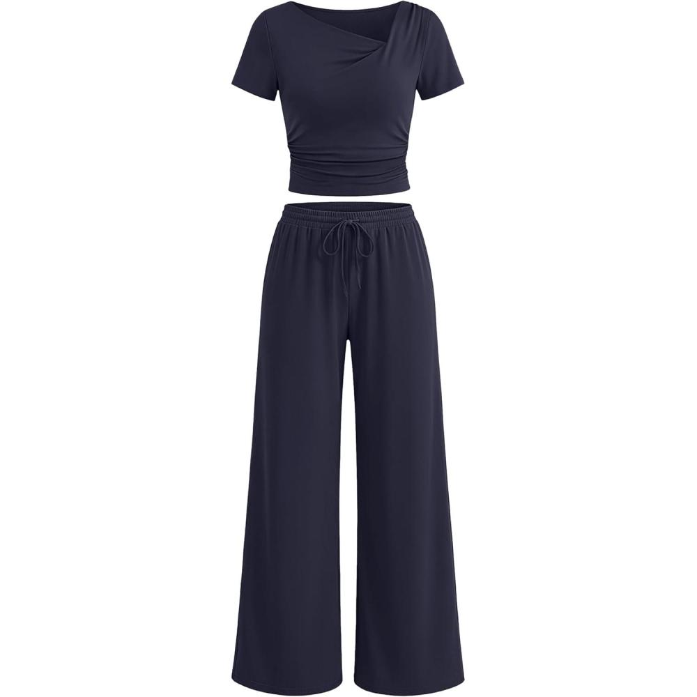 imageZESICA 2 Piece Lounge Sets for Women 2026 Casual Summer Short Sleeve Ruched Top Wide Leg Pants Matching Travel OutfitsNavy