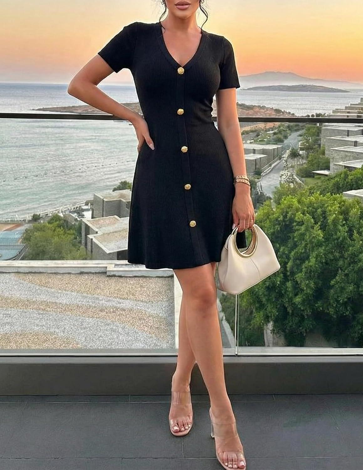 imageZESICA Womens Summer Short Sleeve Knit Mini Dress 2026 Casual V Neck Button Front Business Work Sweater Short DressesBlack