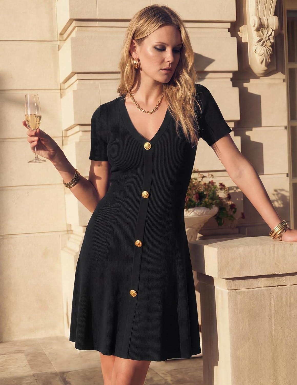 imageZESICA Womens Summer Short Sleeve Knit Mini Dress 2026 Casual V Neck Button Front Business Work Sweater Short DressesBlack