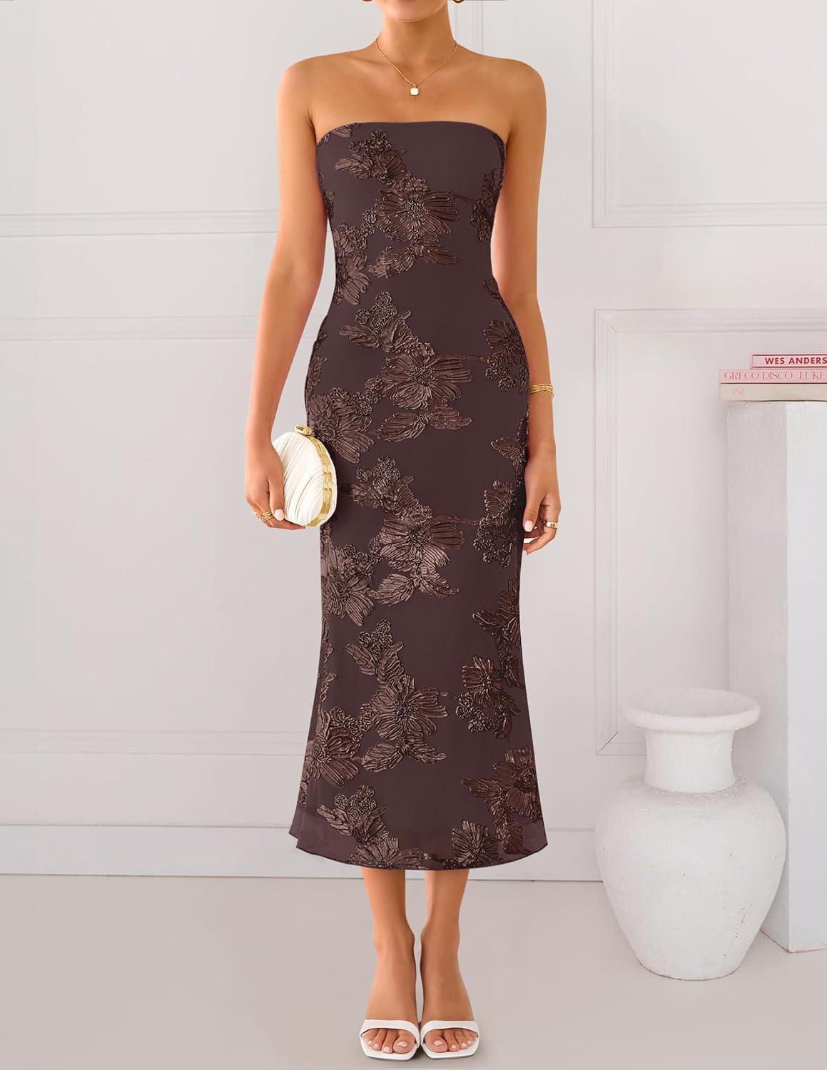 imageZESICA Womens Summer Strapless Floral Midi Dress 2026 Bodycon Mesh Tube Wedding Guest Cocktail Party Formal DressesBrown