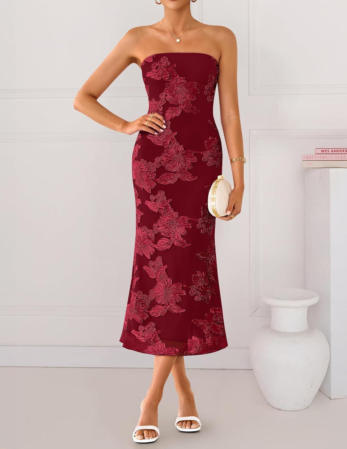 imageZESICA Womens Summer Strapless Floral Midi Dress 2026 Bodycon Mesh Tube Wedding Guest Cocktail Party Formal DressesRed