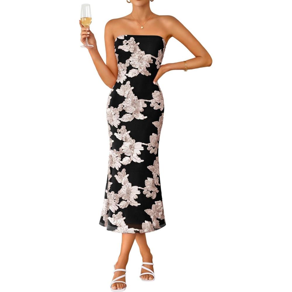 imageZESICA Womens Summer Strapless Floral Midi Dress 2026 Bodycon Mesh Tube Wedding Guest Cocktail Party Formal DressesBlack