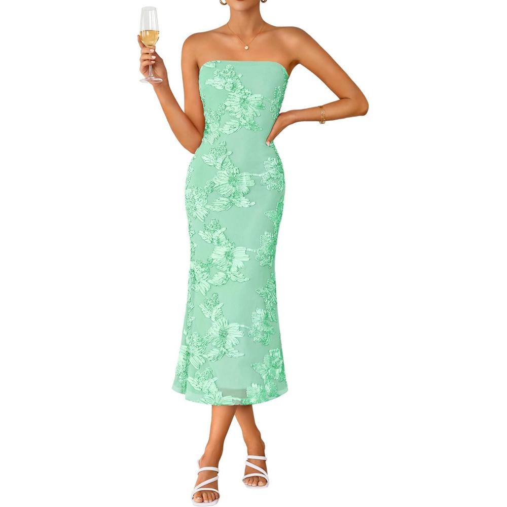 imageZESICA Womens Summer Strapless Floral Midi Dress 2026 Bodycon Mesh Tube Wedding Guest Cocktail Party Formal DressesMint