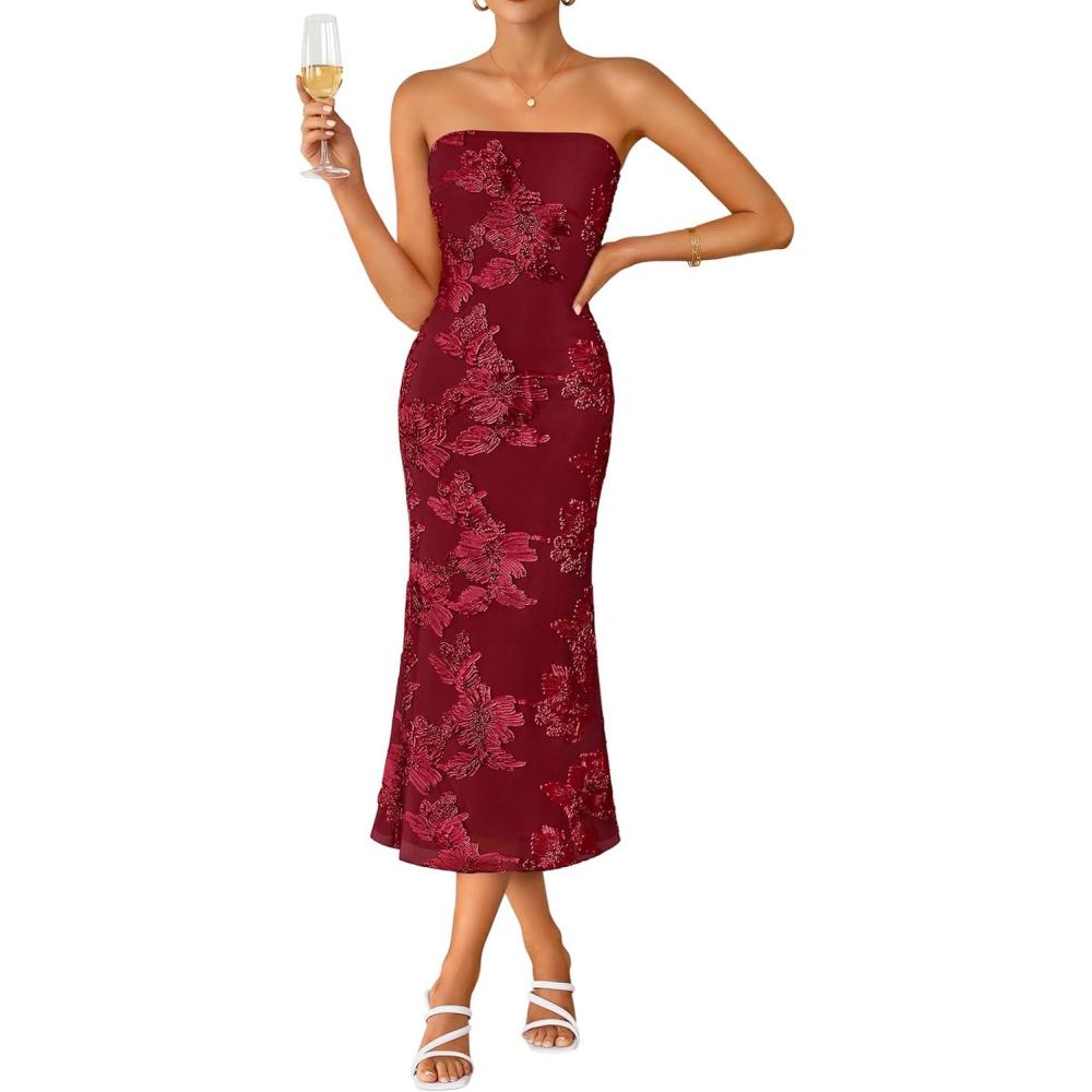 imageZESICA Womens Summer Strapless Floral Midi Dress 2026 Bodycon Mesh Tube Wedding Guest Cocktail Party Formal DressesRed