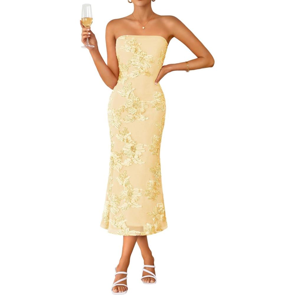 imageZESICA Womens Summer Strapless Floral Midi Dress 2026 Bodycon Mesh Tube Wedding Guest Cocktail Party Formal DressesYellow