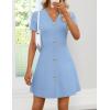 ZESICA Women’s Summer Short Sleeve Knit Mini Dress 2026 Casual V Neck Button Front Business Work Sweater Short Dresses(Blue)