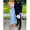 ZESICA Women’s Summer Strapless Floral Midi Dress 2026 Bodycon Mesh Tube Wedding Guest Cocktail Party Formal Dresses(Blue)