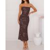 ZESICA Women’s Summer Strapless Floral Midi Dress 2026 Bodycon Mesh Tube Wedding Guest Cocktail Party Formal Dresses(Brown)