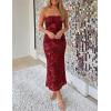 ZESICA Women’s Summer Strapless Floral Midi Dress 2026 Bodycon Mesh Tube Wedding Guest Cocktail Party Formal Dresses(Red)