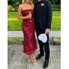 ZESICA Women’s Summer Strapless Floral Midi Dress 2026 Bodycon Mesh Tube Wedding Guest Cocktail Party Formal Dresses(Red)