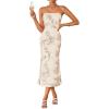 ZESICA Women’s Summer Strapless Floral Midi Dress 2026 Bodycon Mesh Tube Wedding Guest Cocktail Party Formal Dresses(Almond)