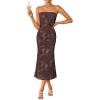 ZESICA Women’s Summer Strapless Floral Midi Dress 2026 Bodycon Mesh Tube Wedding Guest Cocktail Party Formal Dresses(Brown)