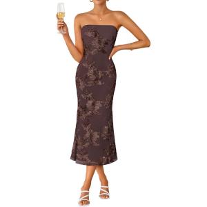 ZESICA Women’s Summer Strapless Floral Midi Dress 2026 Bodycon Mesh Tube Wedding Guest Cocktail Party Formal Dresses(Brown)
