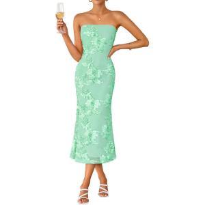 ZESICA Women’s Summer Strapless Floral Midi Dress 2026 Bodycon Mesh Tube Wedding Guest Cocktail Party Formal Dresses(Mint)