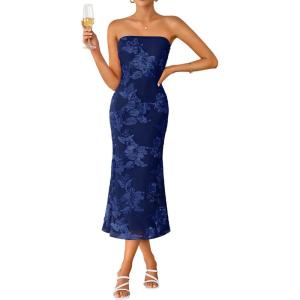 ZESICA Women’s Summer Strapless Floral Midi Dress 2026 Bodycon Mesh Tube Wedding Guest Cocktail Party Formal Dresses(Navy)