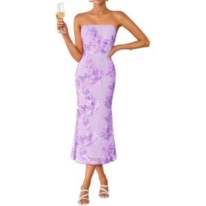 ZESICA Women’s Summer Strapless Floral Midi Dress 2026 Bodycon Mesh Tube Wedding Guest Cocktail Party Formal Dresses(Purple)