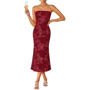 ZESICA Women’s Summer Strapless Floral Midi Dress 2026 Bodycon Mesh Tube Wedding Guest Cocktail Party Formal Dresses(Red)